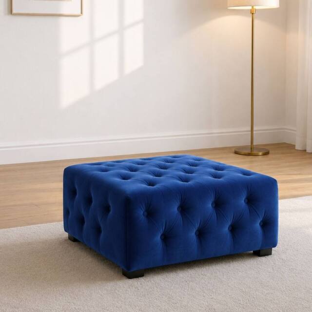 Sofaya Hampton Chesterfield Foot Stool Velvet, Deep Buttoned Coffee Table in Blue - Size: 60 cm x 60 cm - image 1