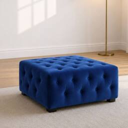 Sofaya Hampton Chesterfield Foot Stool Velvet, Deep Buttoned Coffee Table in Blue - Size: 60 cm x 60 cm - thumbnail 2