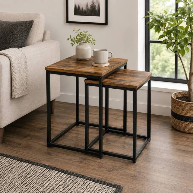 SPOT ON DEALZ Square nest of 2 tables black metal frame with solid Oak wooden Top - image 1