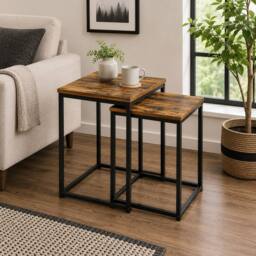 SPOT ON DEALZ Square nest of 2 tables black metal frame with solid Oak wooden Top - thumbnail 3