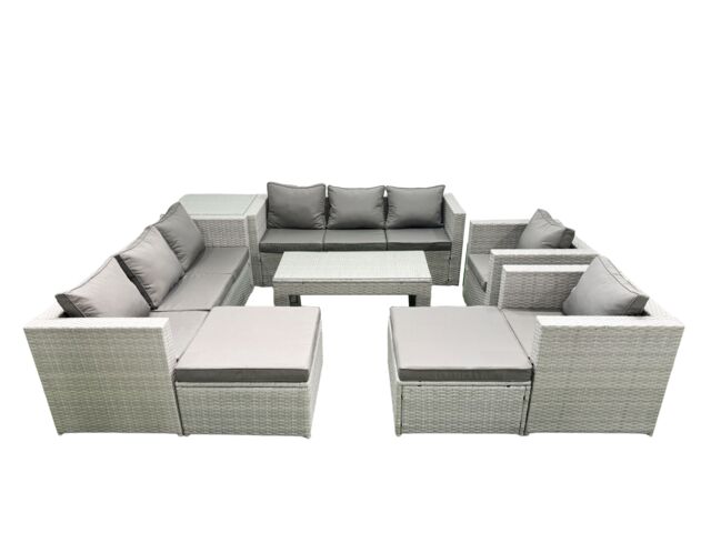 Fimous Outdoor Garden Furniture Rattan Sofa Set with 2 Armchairs Oblong Coffee Table 2 Big Footstools Side Table Light Grey Mixed - image 1