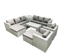 Fimous Outdoor Garden Furniture Rattan Sofa Set with 2 Armchairs Oblong Coffee Table 2 Big Footstools Side Table Light Grey Mixed - thumbnail 2