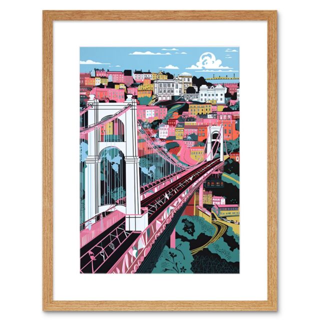 "Artery8 Wall Art Print Clifton Suspension Bridge Pink & Teal Cityscape Artwork Framed 9X7 Inch in Beige - Size: W7"" x H9""" - image 1