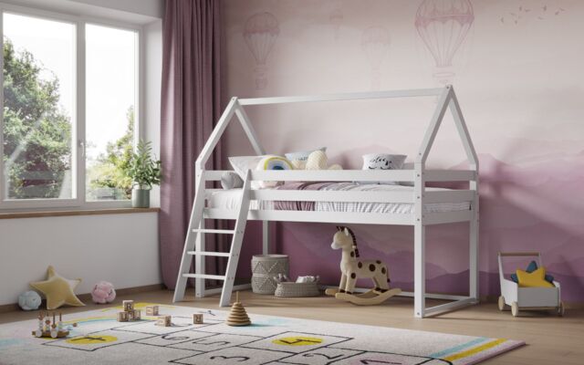 Flair Ellie Wooden House Mid Sleeper Bed in White - Size: Single - image 1