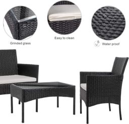 Alivio 4 Seater Rattan Furniture Set with Coffee Table & Anti-UV Cushions for Indoor Outdoor Patio Garden - Grey in Black - thumbnail 4