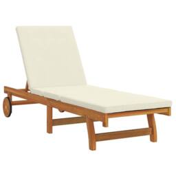 Berkfield Home Sun Lounger with Wheels & Cushion in Cream White Solid Wood in Brown - thumbnail 2
