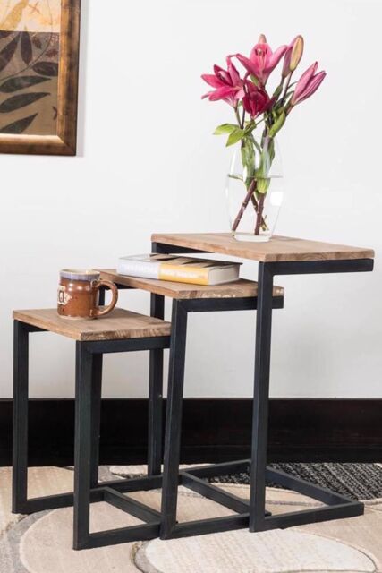 FWStyle Urban Design Modern Nest Of 3 Firewood Metal Nesting Table in Brown - image 1