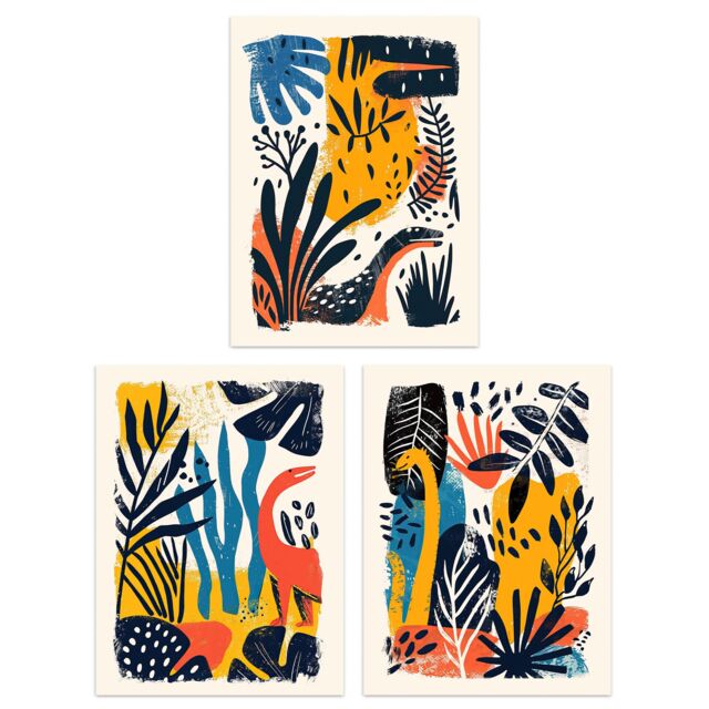 "Artery8 Set of 3 Modern Abstract Dinosaur Jungle 12X16"" Wall Art Prints in Yellow - Size: W12"" x H16""" - image 1