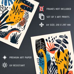 "Artery8 Set of 3 Modern Abstract Dinosaur Jungle 12X16"" Wall Art Prints in Yellow - Size: W12"" x H16""" - thumbnail 4