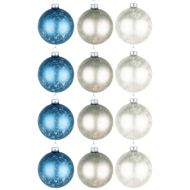 Shatchi Christmas Marble Glass Baubles 12pcs Set - 8cm with 3 Unique Assorted Designs in Blue - image 1