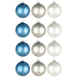 Shatchi Christmas Marble Glass Baubles 12pcs Set - 8cm with 3 Unique Assorted Designs in Blue