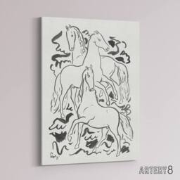 "Artery8 Three Horses Ink Drawing Leo Gestel Canvas Wall Art Print in White - Size: W18"" x H24""" - thumbnail 2