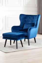 More4Homes Winslow Wing Back Fabric Occasional Button Back Armchair w Footstool in Navy - thumbnail 1