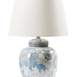Wyld and Coco Hand-Painted Blue and White Porcelain Table Lamp Linen Shade - thumbnail 2