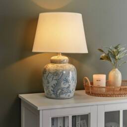 Wyld and Coco Hand-Painted Blue and White Porcelain Table Lamp Linen Shade - thumbnail 1