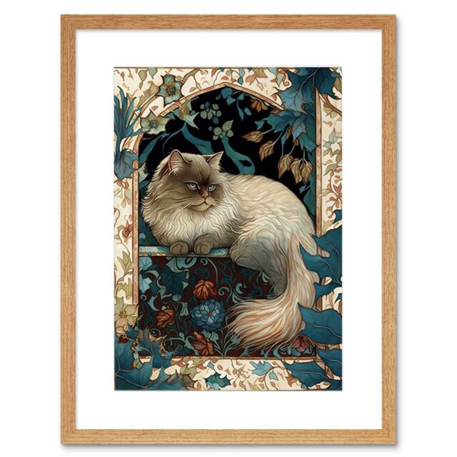 "Artery8 Wall Art Print Perched Himalayan Persian Cat Modern Art Nouveau Artwork Framed 9X7 Inch in Beige - Size: W7"" x H9""" - image 1
