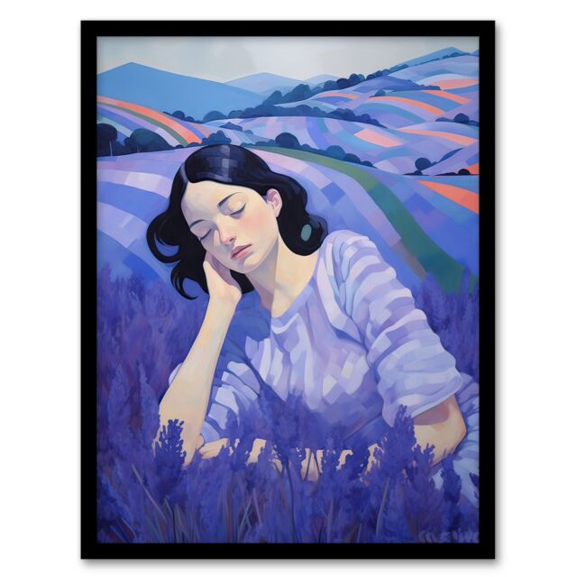 Artery8 Wall Art Print Dream of Lavender Fields Oil Painting Sleeping Woman in Peaceful Flower Landscape Artwork Framed in Purple - Size: A4 - image 1