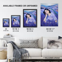 Artery8 Wall Art Print Dream of Lavender Fields Oil Painting Sleeping Woman in Peaceful Flower Landscape Artwork Framed in Purple - Size: A4 - thumbnail 3
