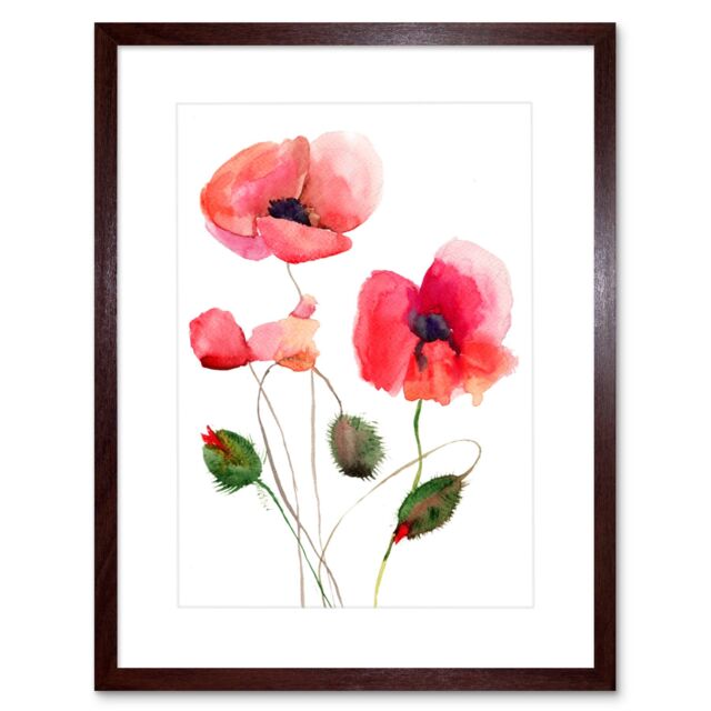 "Artery8 Wall Art Print Flower Poppies Watercolour Art Framed 9x7 inch in Brown - Size: W7"" x H9""" - image 1