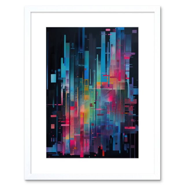 "Artery8 Wall Art Print Modern Abstract Geometric Neon Lines Cityscape Painting Artwork Framed 9X7 Inch in White - Size: W7"" x H9""" - image 1