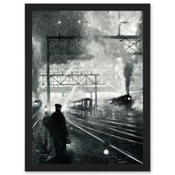 Artery8 Travel Railway Tracks 1912 Soot Steam Train Locomotive Drawing Moody Artwork Framed Wall Art Print A4 in Black - thumbnail 1