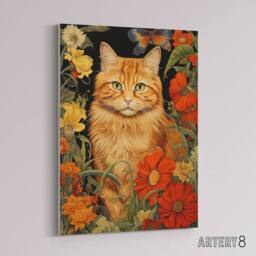 "Artery8 Ginger Tabby Cat Floral Painting Canvas Wall Art Print in Green - Size: W18"" x H24""" - thumbnail 2