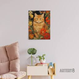 "Artery8 Ginger Tabby Cat Floral Painting Canvas Wall Art Print in Green - Size: W18"" x H24""" - thumbnail 3