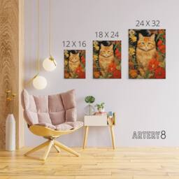 "Artery8 Ginger Tabby Cat Floral Painting Canvas Wall Art Print in Green - Size: W18"" x H24""" - thumbnail 4