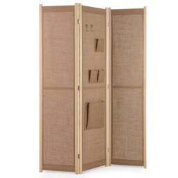 Costway 3-Panel Faux Linen Room Divider Folding Privacy Screen in Natural - thumbnail 1