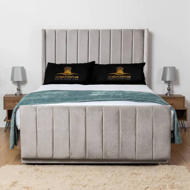 UK Bed Furniture Seoul Wingback Divan Bed Base with 54 Inch Headboard - No Storage in Silver - Size: Double - image 1
