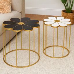 Orsina Set Of Two Black & White Petal Tables, Flower Shaped Side Tables With Gold Frame, Stylish Accent Tables - thumbnail 7
