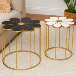 Orsina Set Of Two Black & White Petal Tables, Flower Shaped Side Tables With Gold Frame, Stylish Accent Tables - thumbnail 8