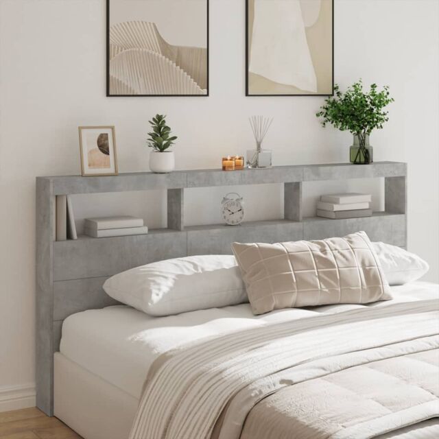 Berkfield Home Headboard Cabinet with LED Concrete Grey 200x17x102 cm - Size: 200 x 17 x 102 cm - image 1