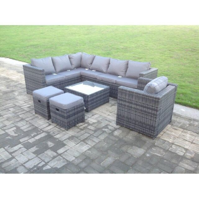 Fimous Rattan Garden Furniture Corner Sofa Set Square Coffee Table Chair Footstools Left Hand Option in Dark Grey - image 1