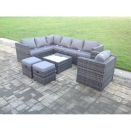 Fimous Rattan Garden Furniture Corner Sofa Set Square Coffee Table Chair Footstools Left Hand Option in Dark Grey - thumbnail 1
