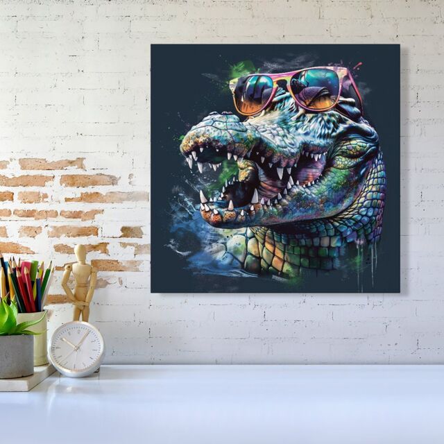 "Warren Reed - Designer Crocodile In Glasses Splashart Canvas - Size: W16"" x H16""" - image 1