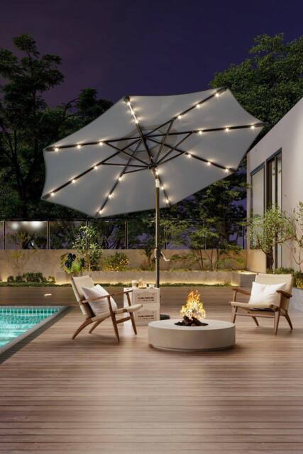 Garden Sanctuary Solar 24 LED Lights Garden Parasol with Crank in Light Grey - image 1