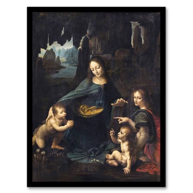 Artery8 The Virgin of the Rocks da Vinci Vintage Framed Wall Art Print in Brown - Size: A4 - image 1