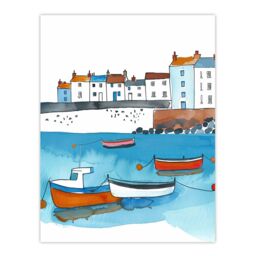 "Artery8 St Ives Bay Boats Coastal Cityscape Watercolour Wall Art Print in Blue - Size: W18"" x H24""" - thumbnail 1