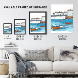 "Artery8 St Ives Bay Boats Coastal Cityscape Watercolour Wall Art Print in Blue - Size: W18"" x H24""" - thumbnail 3
