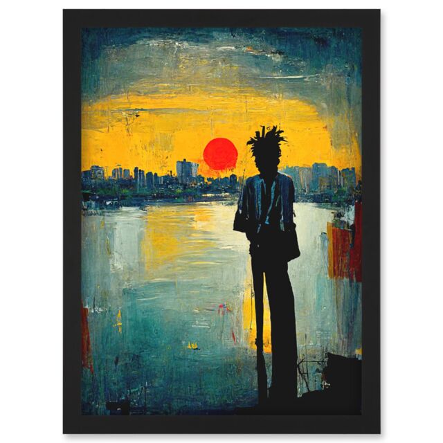 Artery8 Dramatic Sunset Silhouette City Skyline Lake Oil Painting Artwork Framed Wall Art Print A4 in Black - image 1