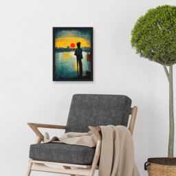 Artery8 Dramatic Sunset Silhouette City Skyline Lake Oil Painting Artwork Framed Wall Art Print A4 in Black - thumbnail 2