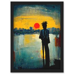 Artery8 Dramatic Sunset Silhouette City Skyline Lake Oil Painting Artwork Framed Wall Art Print A4 in Black - thumbnail 1