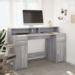 Berkfield Home Desk with LED Lights Grey Sonoma 140x55x91 cm Engineered Wood - Size: 140 x 55 x 91 cm - thumbnail 4