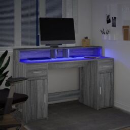 Berkfield Home Desk with LED Lights Grey Sonoma 140x55x91 cm Engineered Wood - Size: 140 x 55 x 91 cm - thumbnail 5