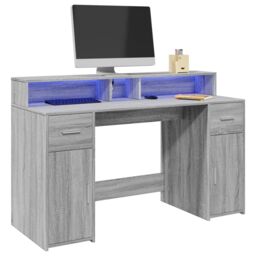 Berkfield Home Desk with LED Lights Grey Sonoma 140x55x91 cm Engineered Wood - Size: 140 x 55 x 91 cm