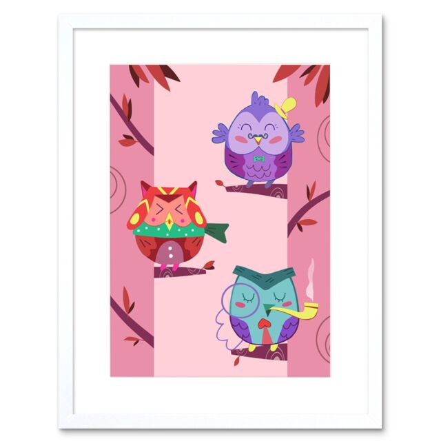 "Artery8 Wall Art Print Kawaii Owls Tree Art Framed 9x7 inch in White - Size: W7"" x H9""" - image 1