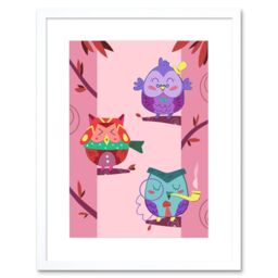 "Artery8 Wall Art Print Kawaii Owls Tree Art Framed 9x7 inch in White - Size: W7"" x H9""" - thumbnail 1
