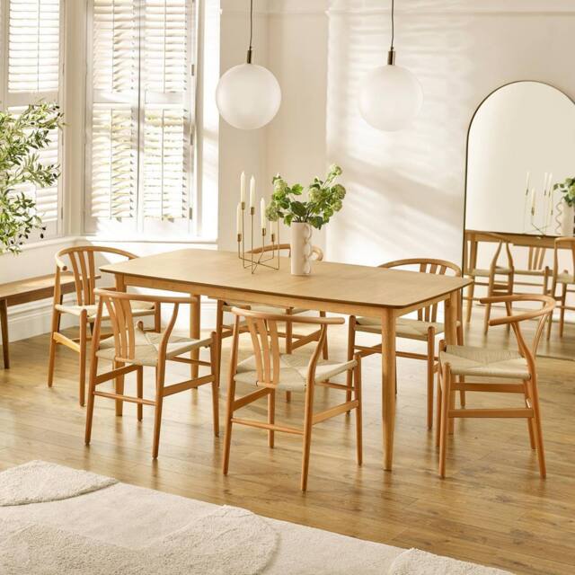 FurnitureboxUK Leif Oak Effect Wood Extending Table & 6 Caia Wishbone Dining Chairs in Brown