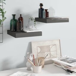 Berkfield Home Floating Wall Shelves 2 pcs High Gloss Grey 23x23.5x3.8 cm MDF - thumbnail 1